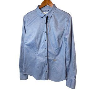 0039 Italy Button Down Blouse Velvet Elbow Patches Women Size L